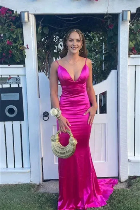Gorgeous Hot Pink Satin Mermaid Deep V - Neck Spaghetti Strap Ruched Open Back Side zipper Floor - Length Prom Dresses