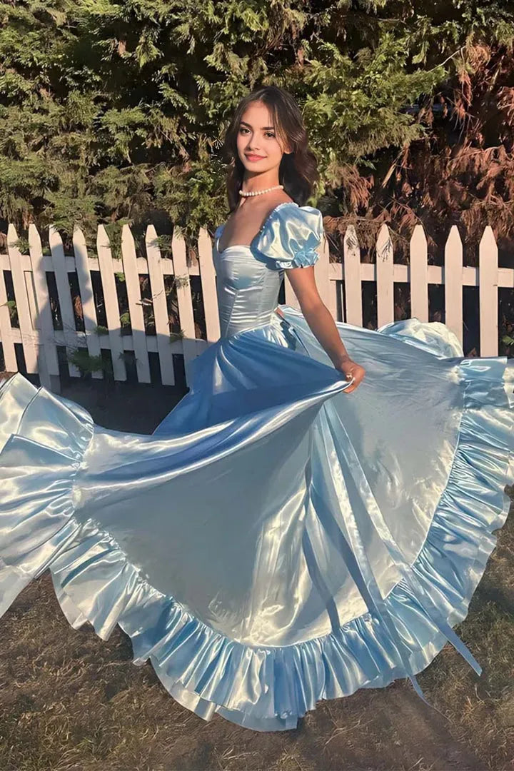 Gorgeous Light Blue A -Line Off -Shoulder Puff Sleeve Bodice Open Back Lace Up Floor - Length Prom Dress ﻿