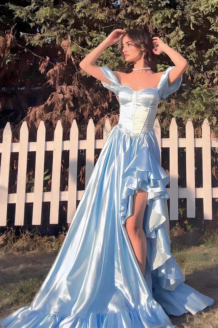 Gorgeous Light Blue A -Line Off -Shoulder Puff Sleeve Bodice Open Back Lace Up Floor - Length Prom Dress ﻿