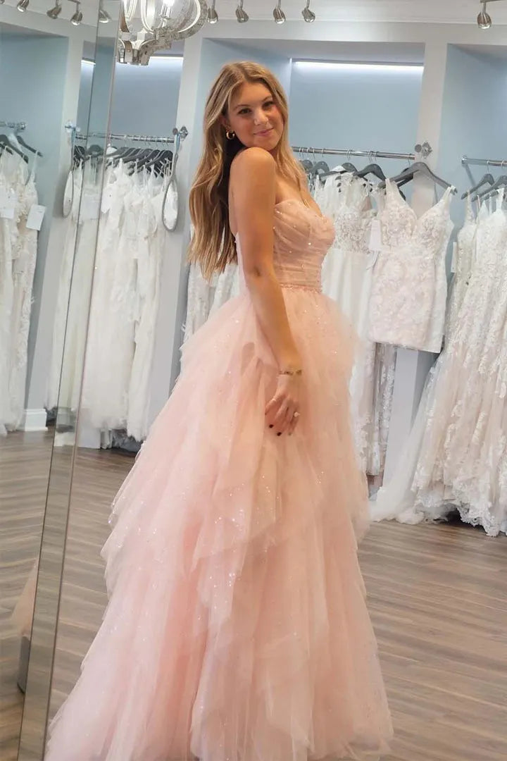 Gorgeous Light Pink A-Line Strapless Sleeveless Ruffle Tulle Lace Up Back Floor-Length Prom Dress with Bodice Corset