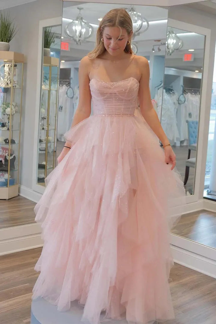 Gorgeous Light Pink A-Line Strapless Sleeveless Ruffle Tulle Lace Up Back Floor-Length Prom Dress with Bodice Corset