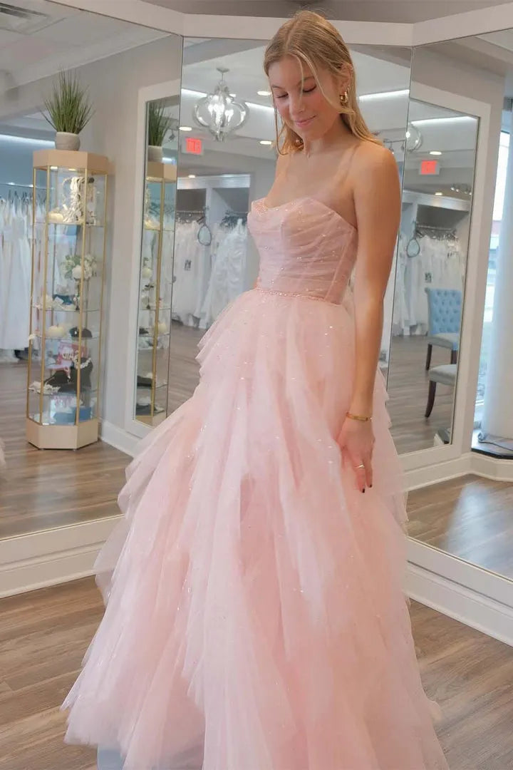 Gorgeous Light Pink A-Line Strapless Sleeveless Ruffle Tulle Lace Up Back Floor-Length Prom Dress with Bodice Corset