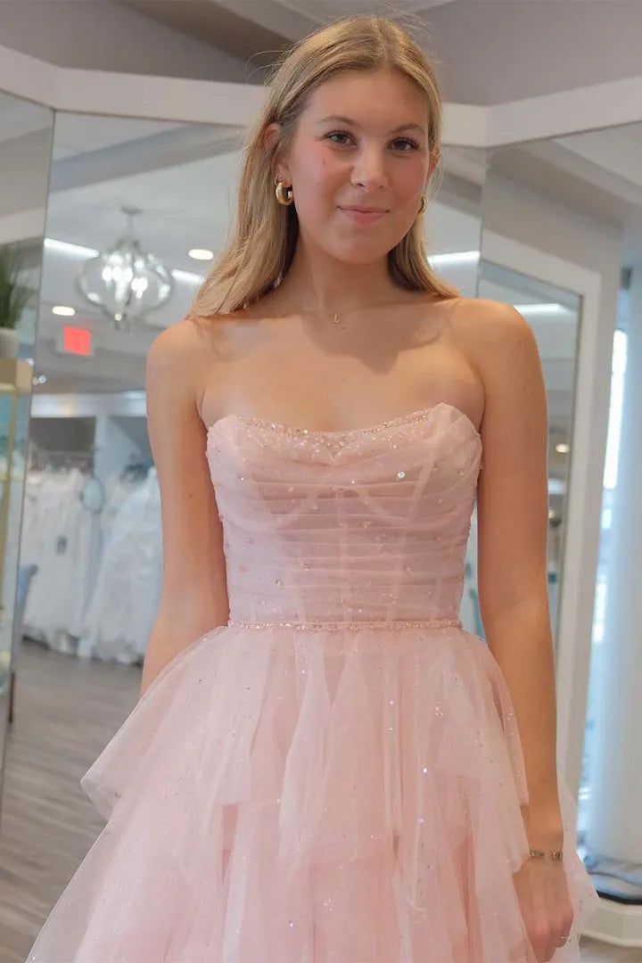 Gorgeous Light Pink A-Line Strapless Sleeveless Ruffle Tulle Lace Up Back Floor-Length Prom Dress with Bodice Corset
