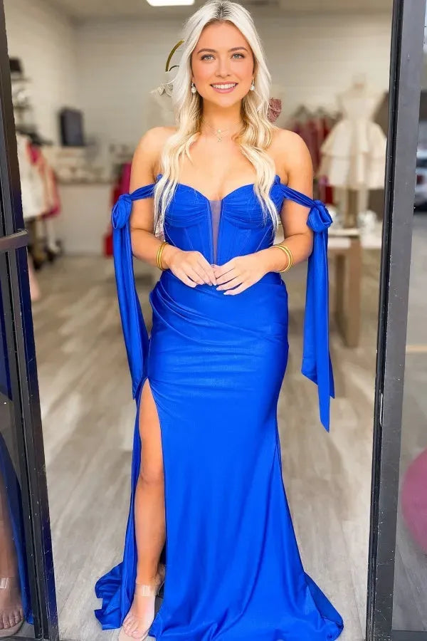 Gorgeous Mermaid Off Shoulder Tie Sleeve Lace-Up Back Floor-Length High Side Slit Prom Dress for women Hot Sale
