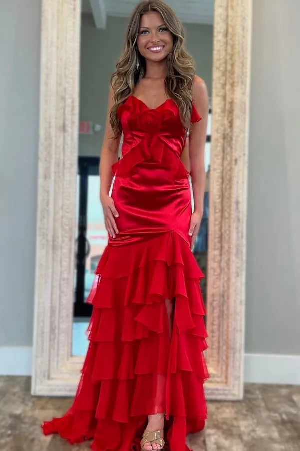 Gorgeous Mermaid Sweetheart Neck Sleeveless 3D Flower Ruffles Tiered Lace Up Floor - Length High Side Slit Prom Dress