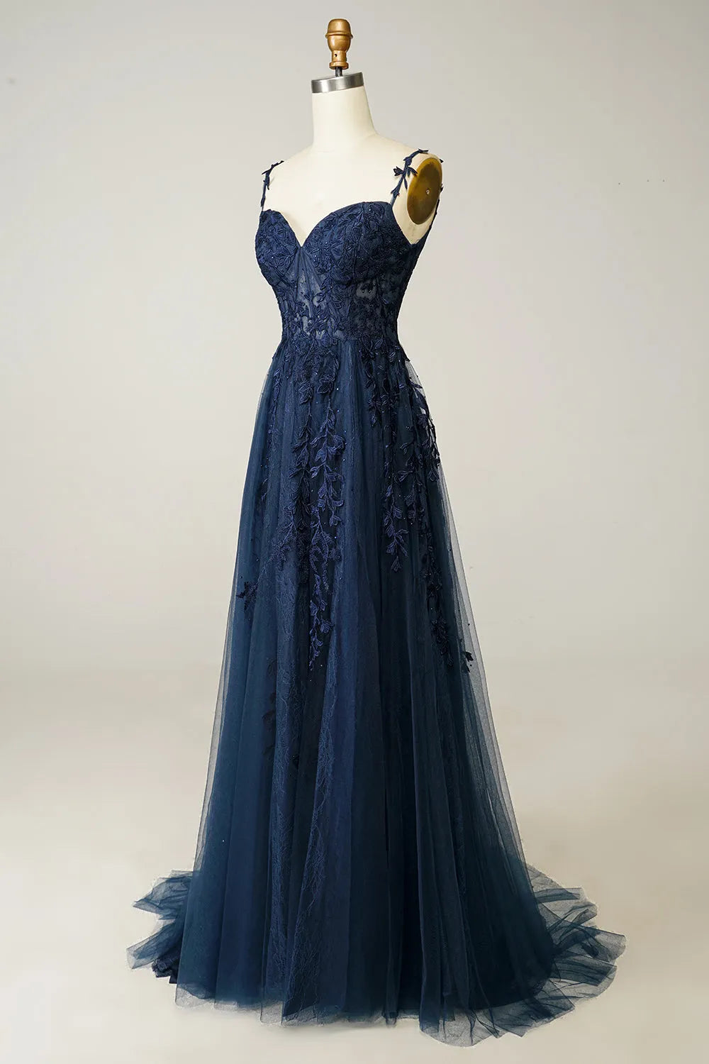 Gorgeous Navy A-Line Spaghetti-Straps Sleeveless Lace-Tulle Back Zip Floor-Length Prom Dress with Appliques