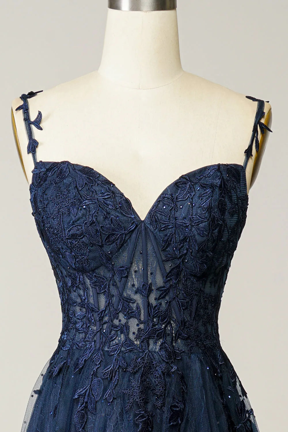 Gorgeous Navy A-Line Spaghetti-Straps Sleeveless Lace-Tulle Back Zip Floor-Length Prom Dress with Appliques