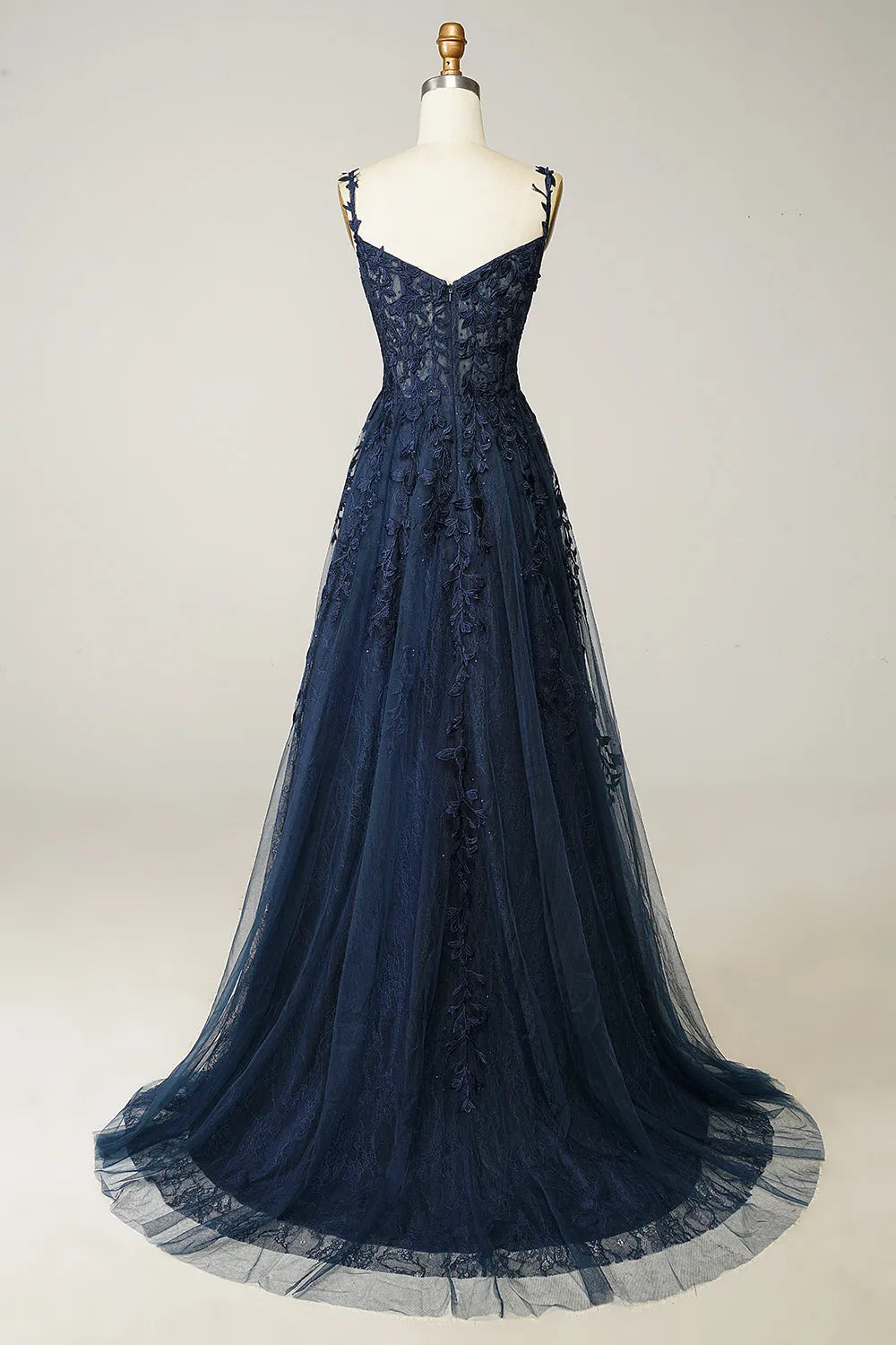 Gorgeous Navy A-Line Spaghetti-Straps Sleeveless Lace-Tulle Back Zip Floor-Length Prom Dress with Appliques