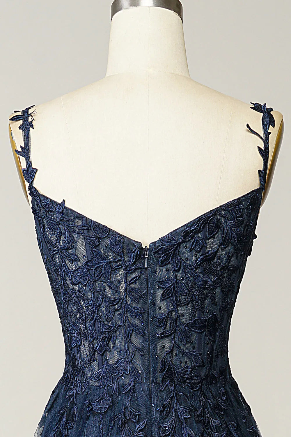 Gorgeous Navy A-Line Spaghetti-Straps Sleeveless Lace-Tulle Back Zip Floor-Length Prom Dress with Appliques