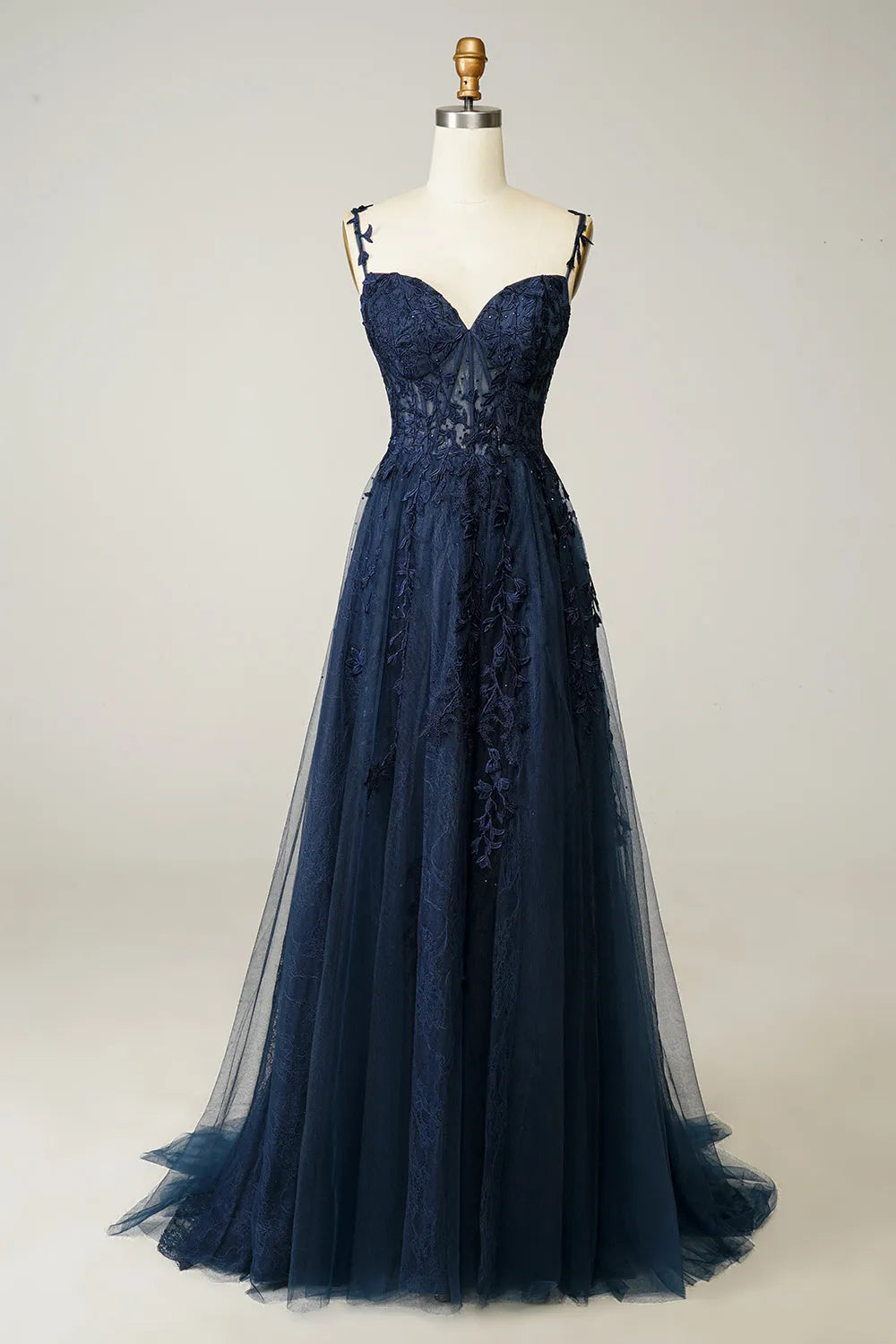 Gorgeous Navy A-Line Spaghetti-Straps Sleeveless Lace-Tulle Back Zip Floor-Length Prom Dress with Appliques