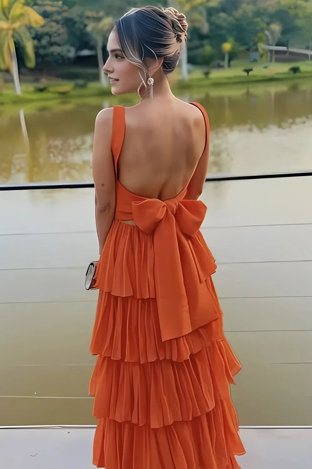 Gorgeous Orange A-Line Square Neck Sleeveless Tiered Bow-Back Floor-Length Prom Dress with Ruffles