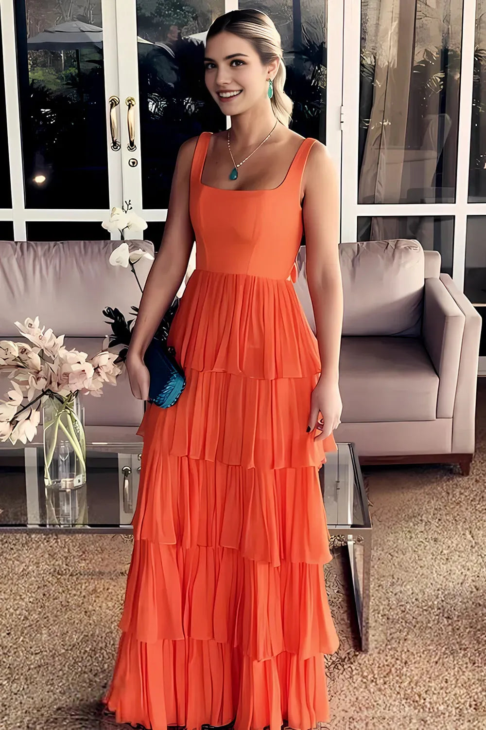 Gorgeous Orange A-Line Square Neck Sleeveless Tiered Bow-Back Floor-Length Prom Dress with Ruffles