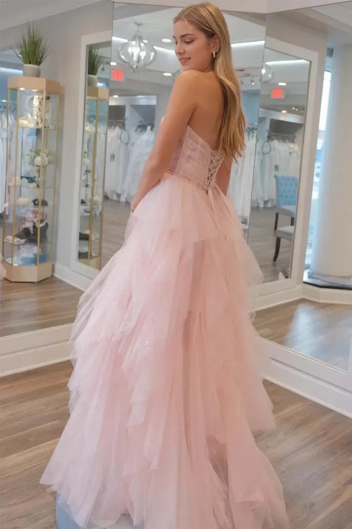 Gorgeous Pink A-Line Ruffle Strapless Sleeveless Lace-Up Back Bodice Corset Floor-Length Prom dresses