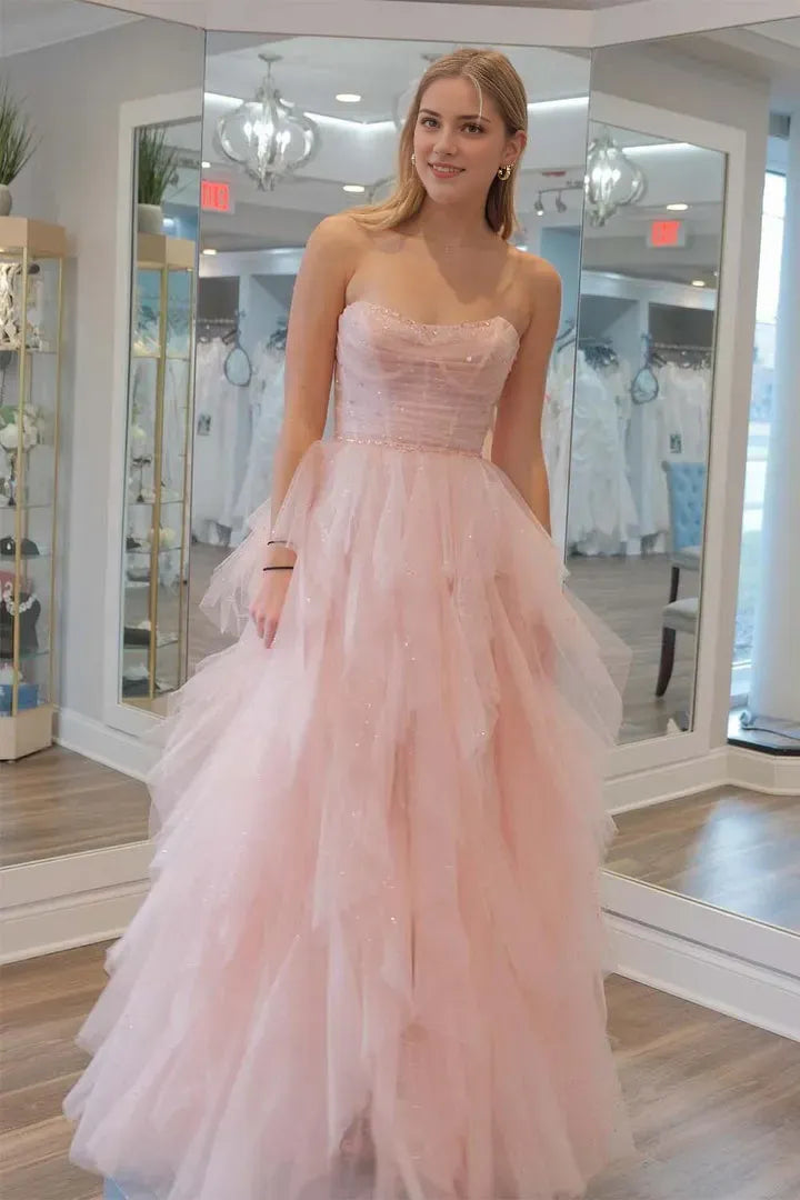 Gorgeous Pink A-Line Ruffle Strapless Sleeveless Lace-Up Back Bodice Corset Floor-Length Prom dresses