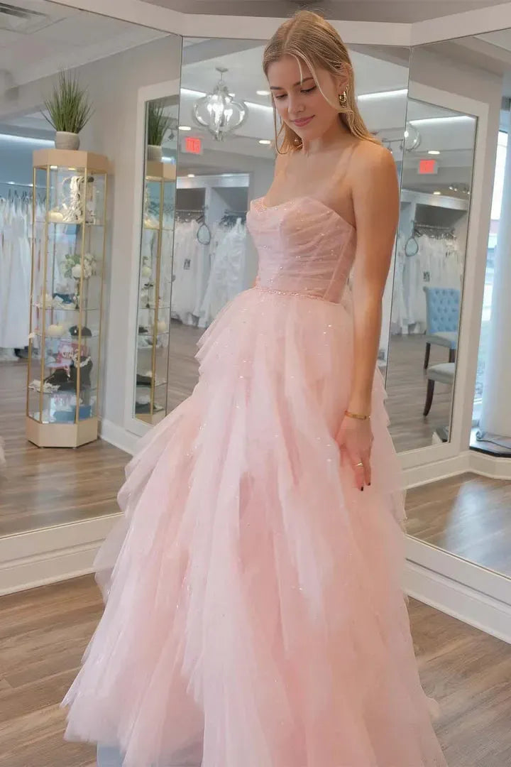 Gorgeous Pink A-Line Ruffle Strapless Sleeveless Lace-Up Back Bodice Corset Floor-Length Prom dresses