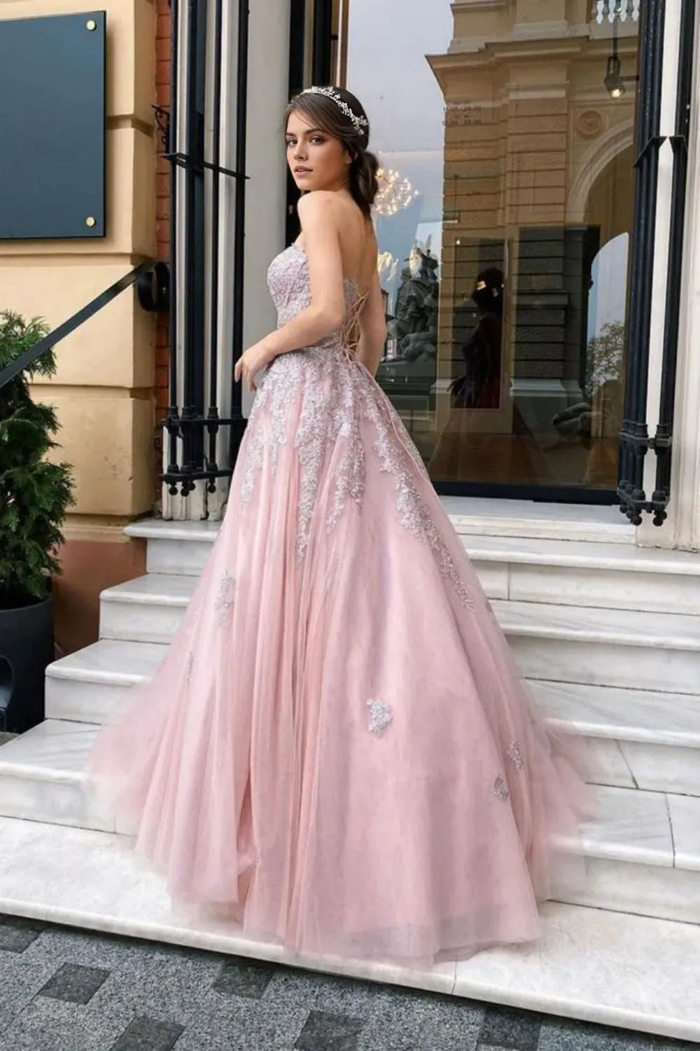 Gorgeous Pink A Line Sweetheart Neck Sleeveless Lace Appliques Tulle Lace Up Floor-Length Prom Dresses