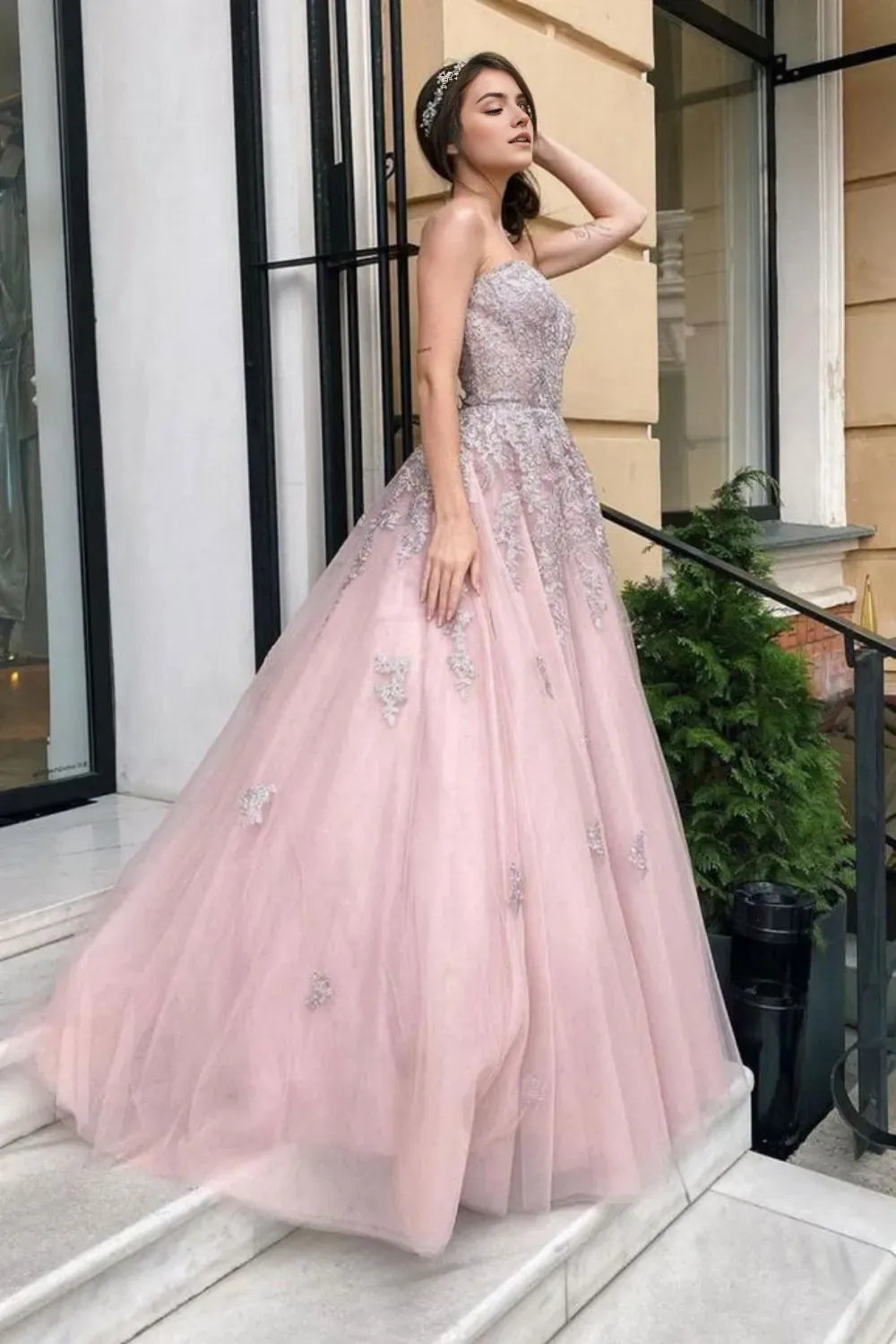 Gorgeous Pink A Line Sweetheart Neck Sleeveless Lace Appliques Tulle Lace Up Floor-Length Prom Dresses