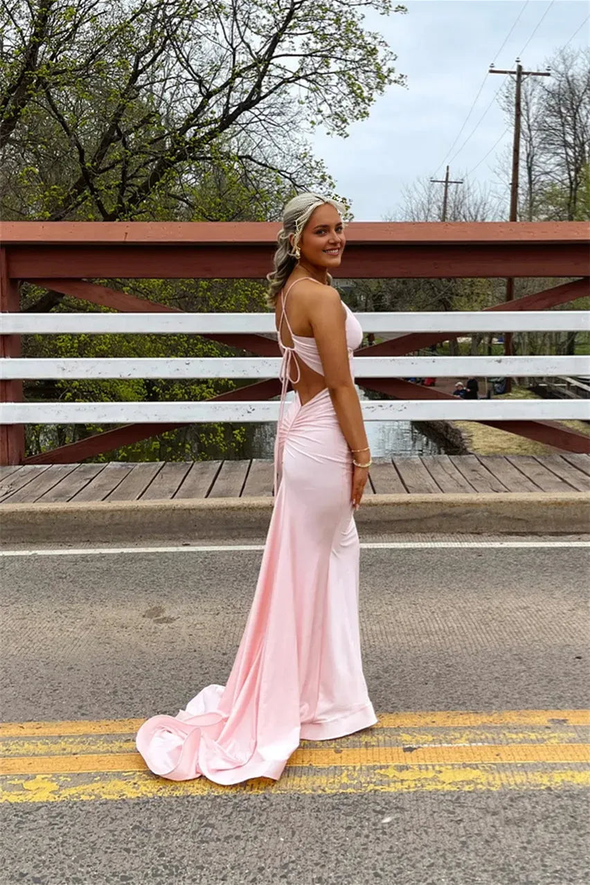 Gorgeous Pink Mermaid Halter Neck Sleeveless Corset Bodice Back Tie Floor -Length Prom Dress
