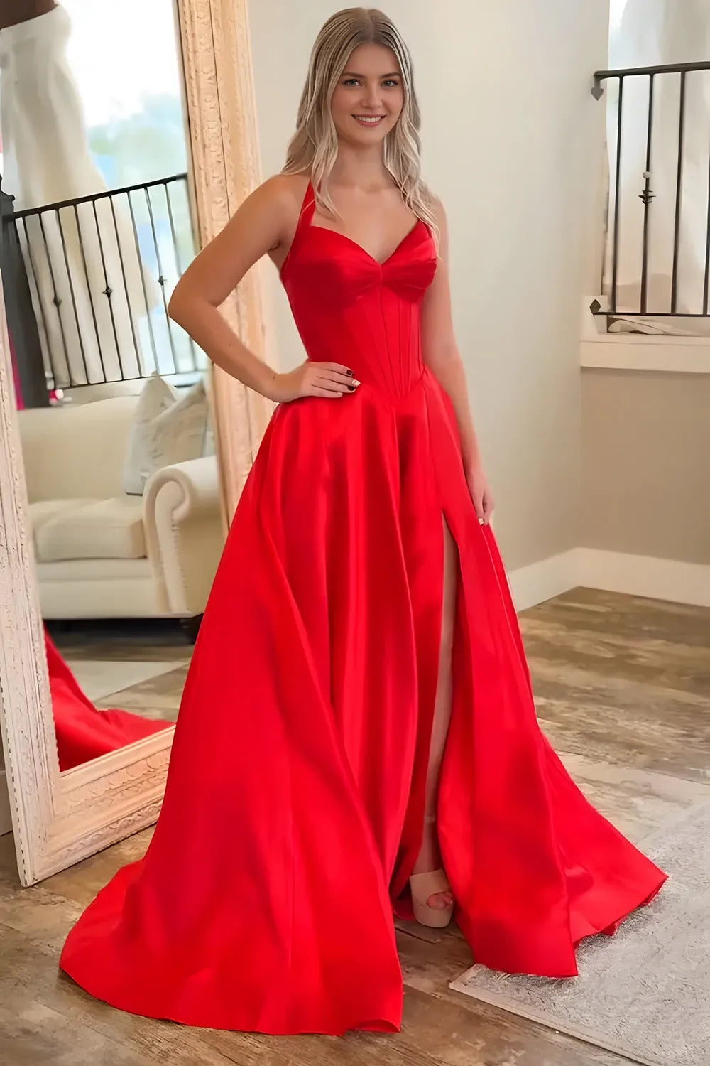 Gorgeous Red A Line Satin Halter Neck Sleeveless Corset Lace Up Back Floor -Length Prom Dress with Slit Hot Sale