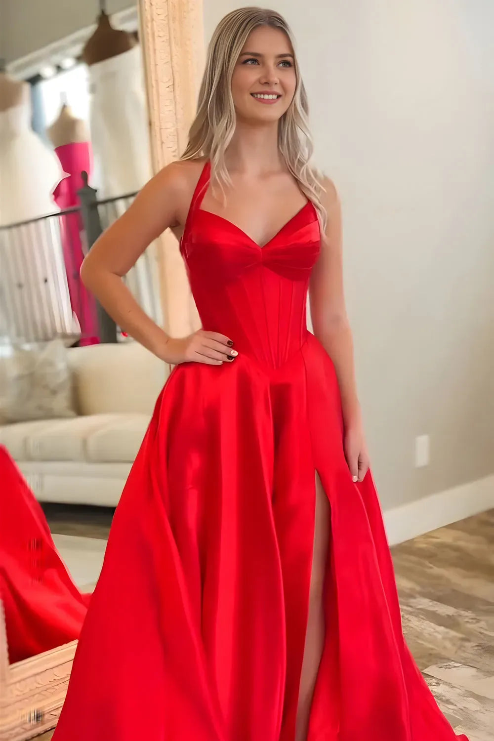 Gorgeous Red A Line Satin Halter Neck Sleeveless Corset Lace Up Back Floor -Length Prom Dress with Slit Hot Sale