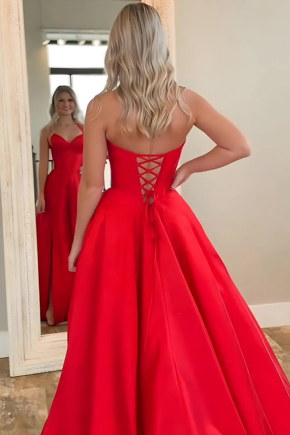 Gorgeous Red A Line Satin Halter Neck Sleeveless Corset Lace Up Back Floor -Length Prom Dress with Slit Hot Sale