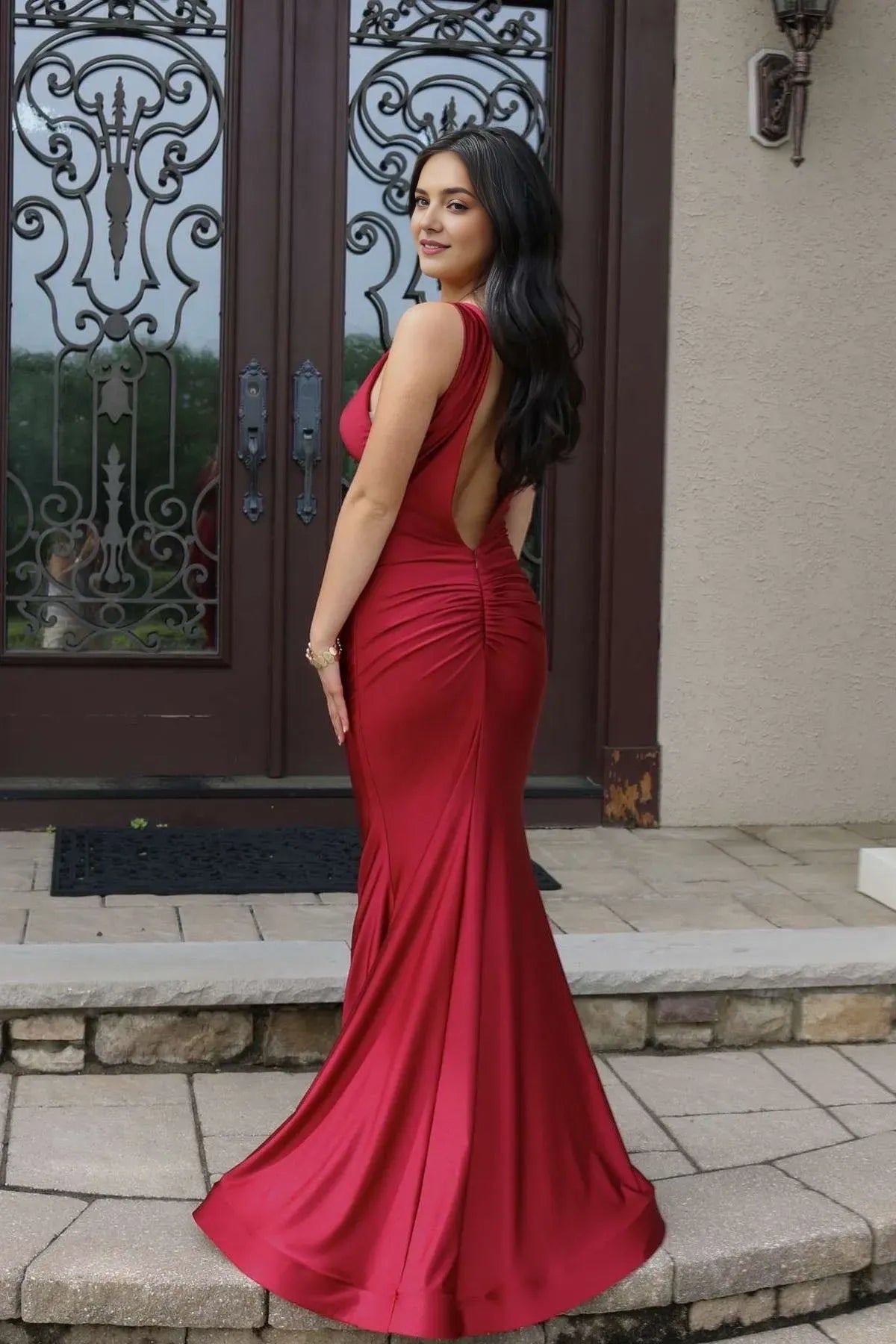 Gorgeous Red Mermaid Deep V - Neck Sleeveless Corset Bodice Ruched Details Open Back Floor -Length Prom Dresses Hot Sale