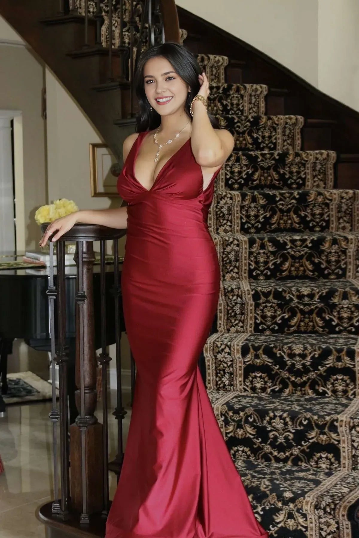 Gorgeous Red Mermaid Deep V - Neck Sleeveless Corset Bodice Ruched Details Open Back Floor -Length Prom Dresses Hot Sale