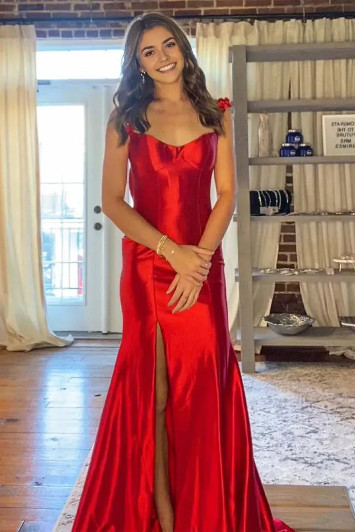 Gorgeous Red Mermaid Sweetheart Neck Flowers Straps Floor -Length Prom Dress with Side Slit