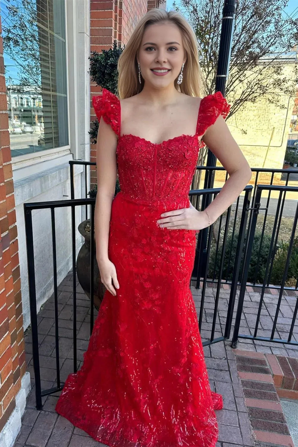 Gorgeous Red Mermaid Sweetheart Neck Ruffled-Strap Lace Up Lace Embellished Floor-Length Prom Dress with Appliques