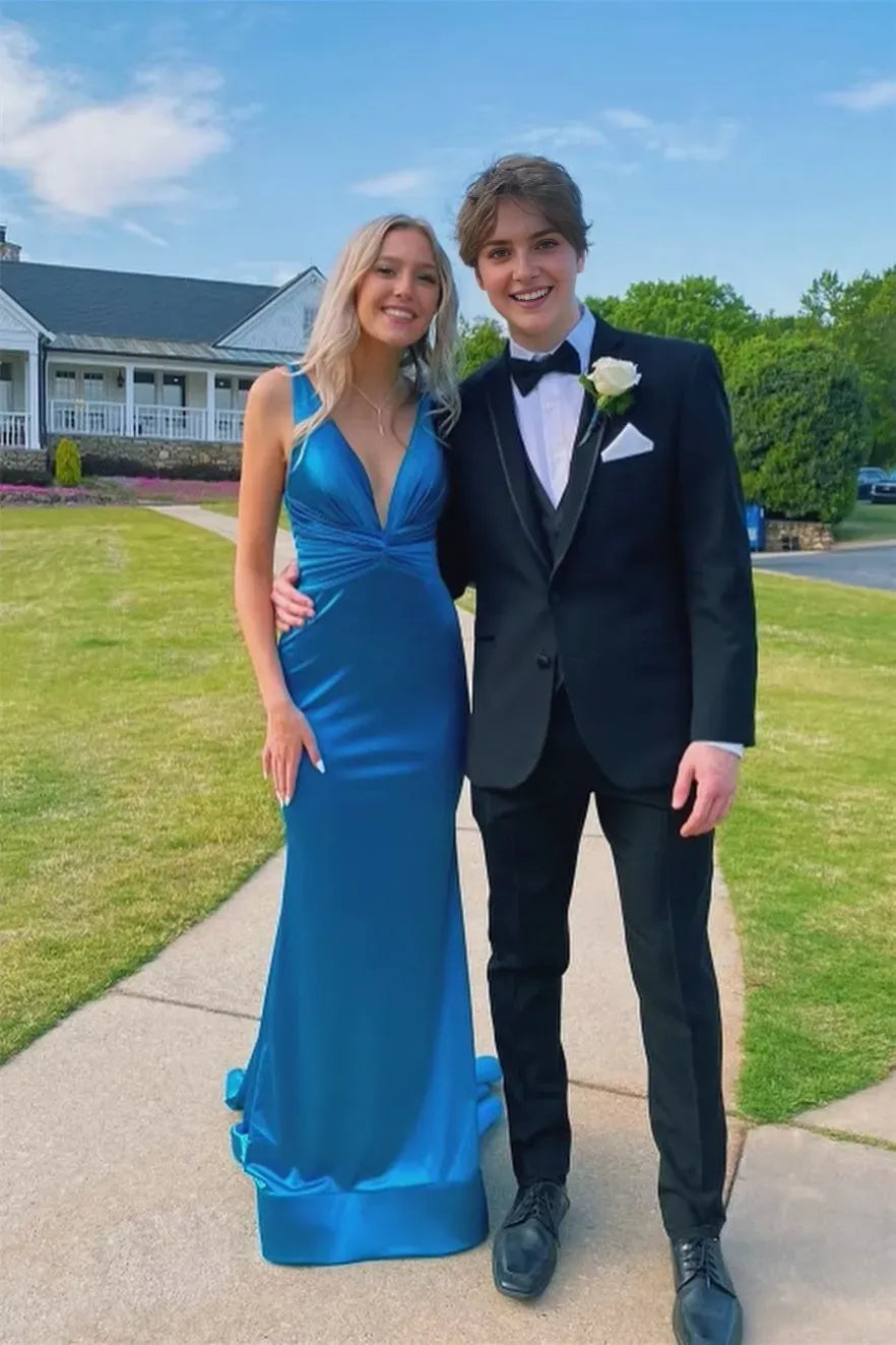 Gorgeous Teal Satin Mermaid Deep V- Neck Sleeveless Corset Bodice twist Open Back Back Zip Floor - Length Prom Dresses