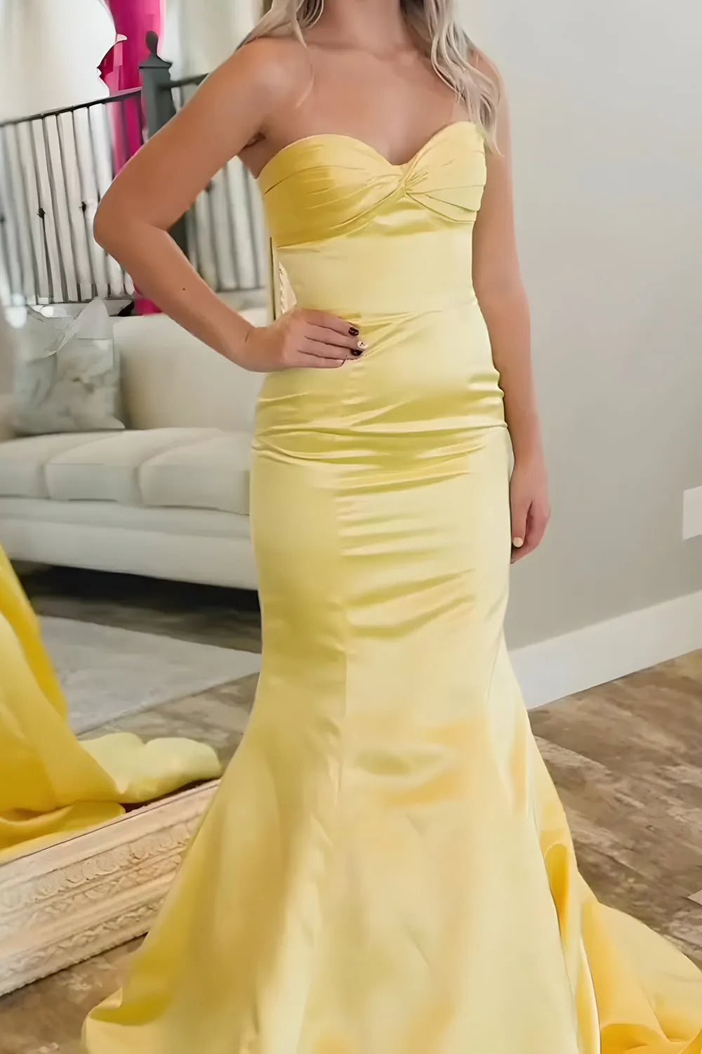 Gorgeous Yellow Mermaid Satin Strapless Sleeveless Back Zip Floor -Length Prom Dress Hot Sale