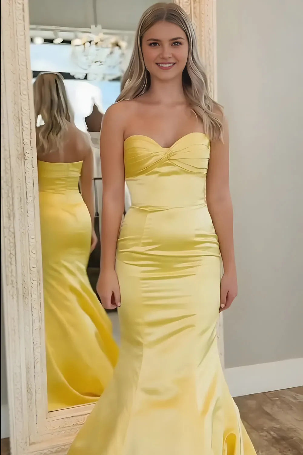 Gorgeous Yellow Mermaid Satin Strapless Sleeveless Back Zip Floor -Length Prom Dress Hot Sale