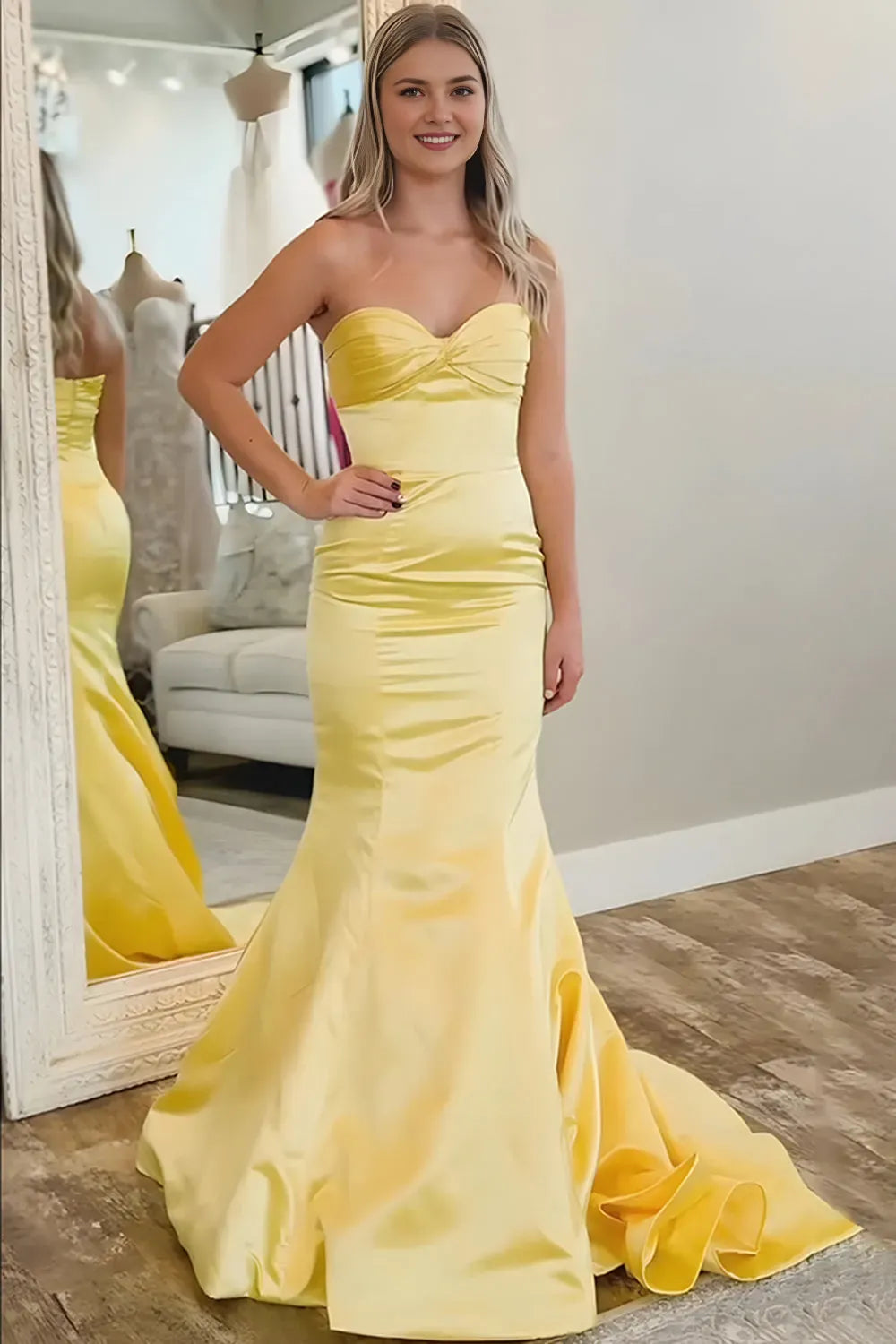 Gorgeous Yellow Mermaid Satin Strapless Sleeveless Back Zip Floor -Length Prom Dress Hot Sale