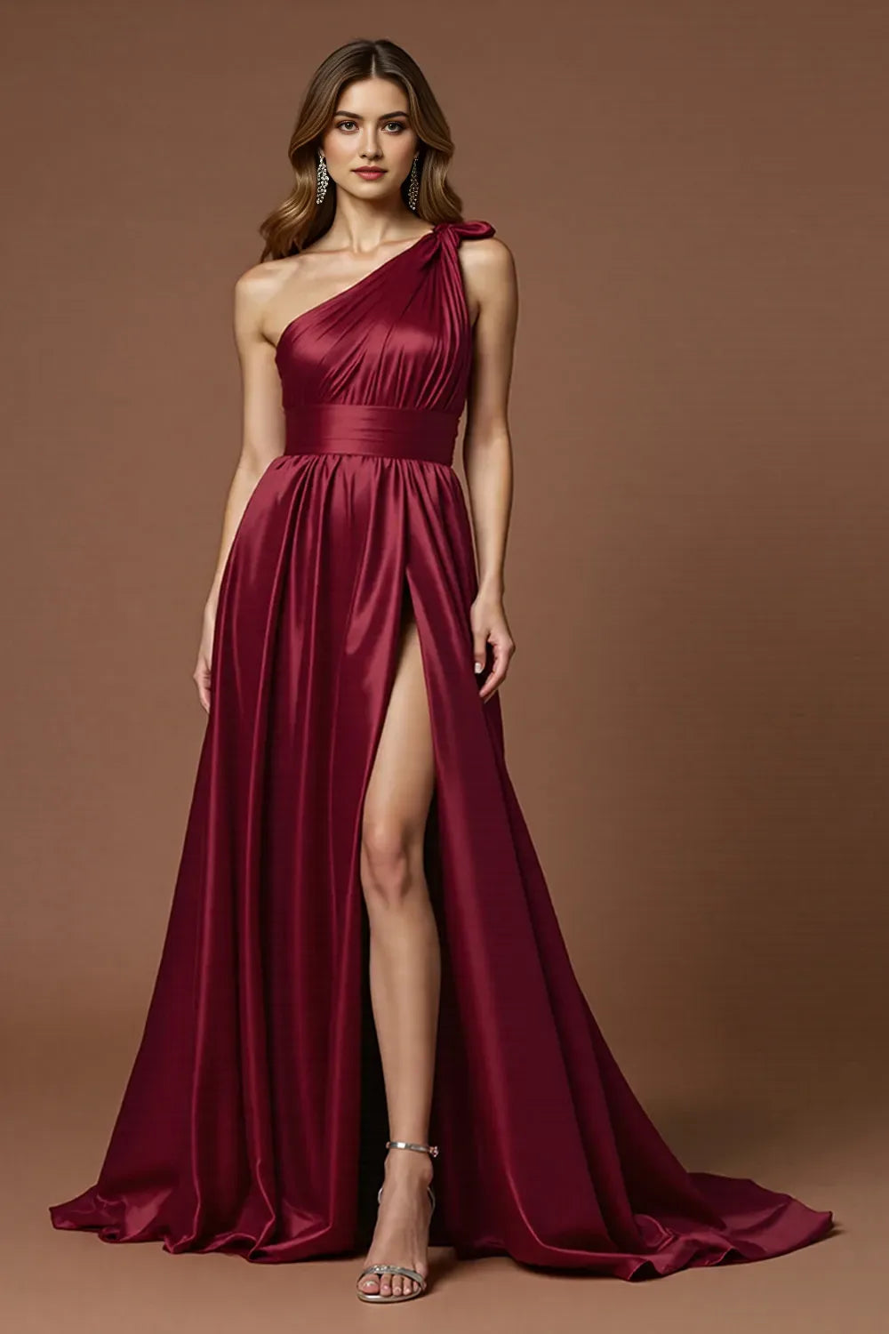 Gorgeous Burgundy  A -Line One -Shoulder Sleeveless Open Back Floor - Length Prom Dress with Slit