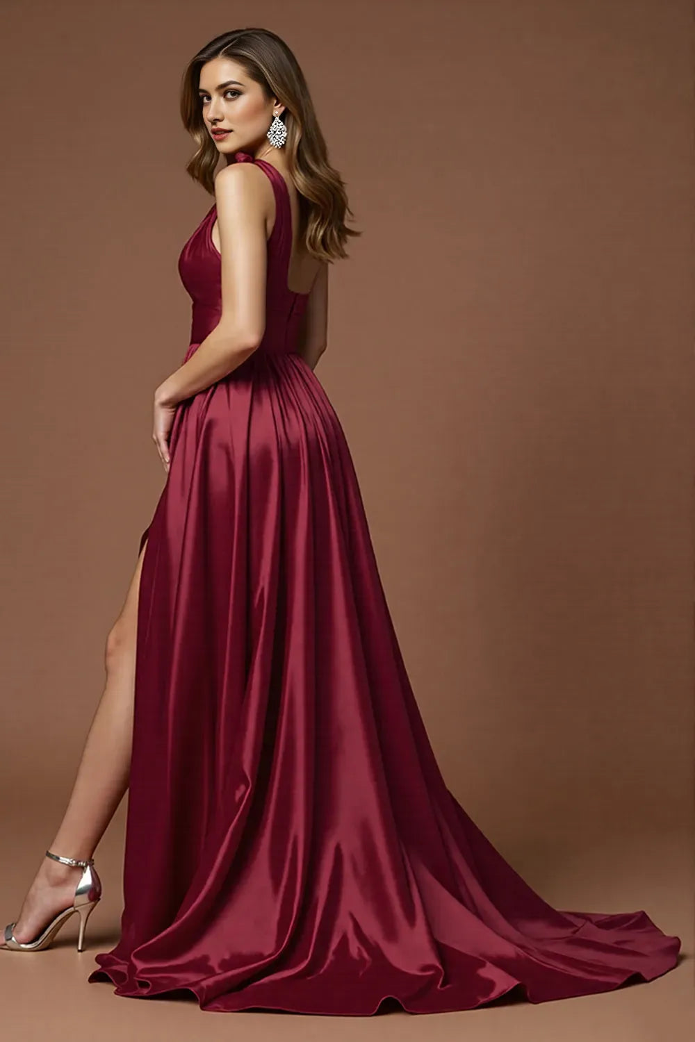 Gorgeous Burgundy  A -Line One -Shoulder Sleeveless Open Back Floor - Length Prom Dress with Slit