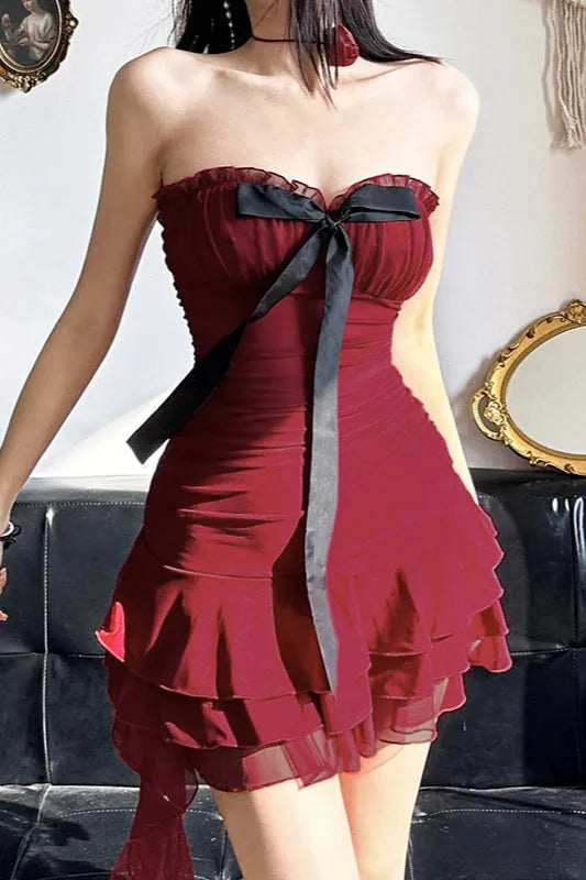 Gothic Sheath Strapless Sleeveless Bow-Trim Mini-Length Formal Prom Dresses