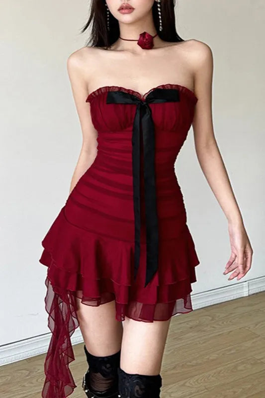 Gothic Sheath Strapless Sleeveless Bow-Trim Mini-Length Formal Prom Dresses