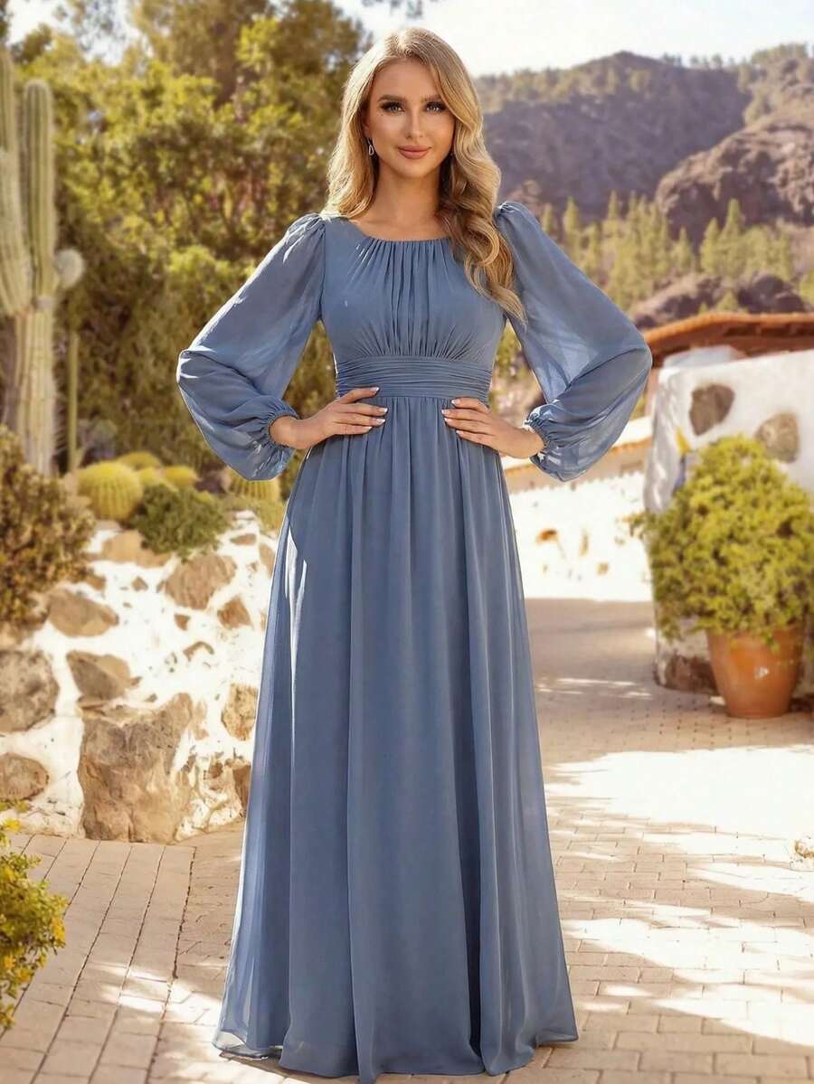 Graceful A-Line Boat-Neck Bishop-Sleeve Zip-Back Floor-Length Mother of the Bride Dresses