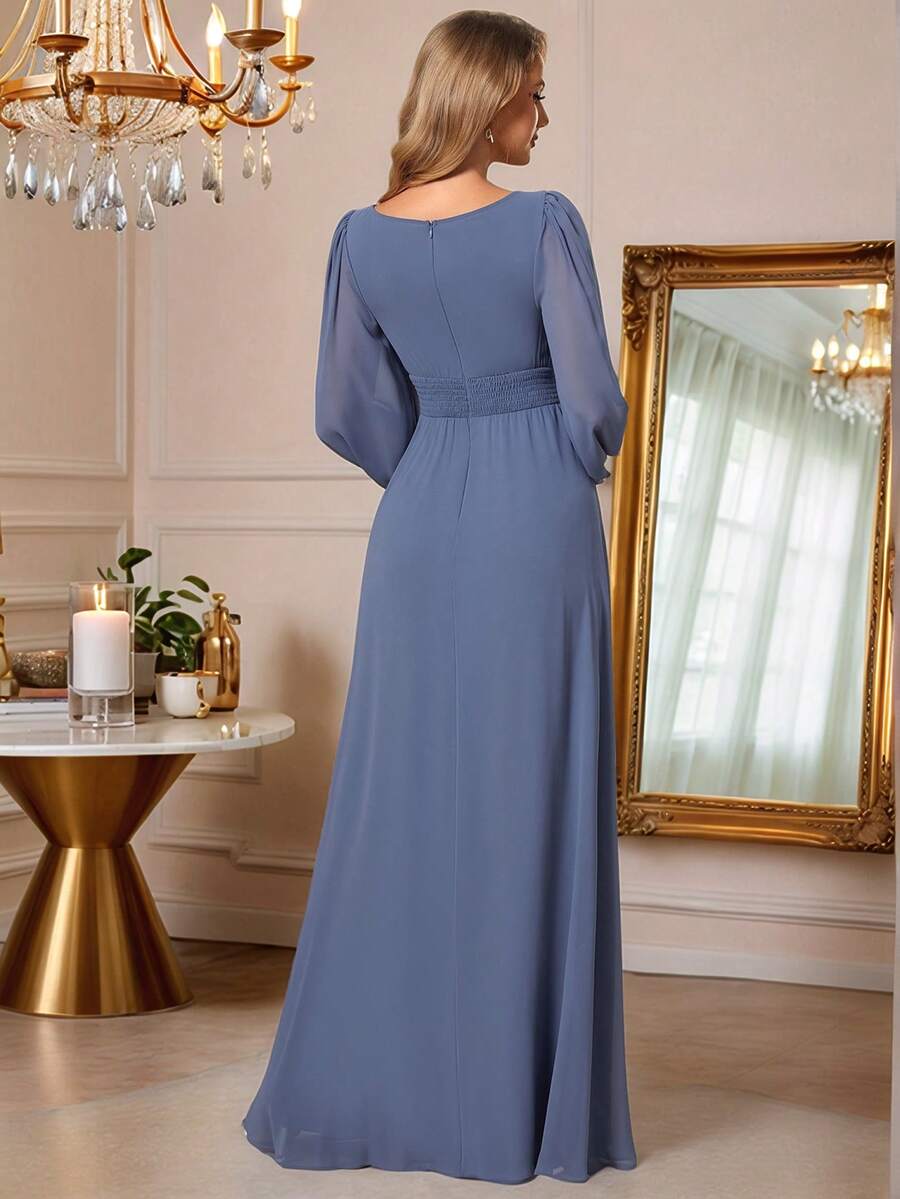 Graceful A-Line Boat-Neck Bishop-Sleeve Zip-Back Floor-Length Mother of the Bride Dresses