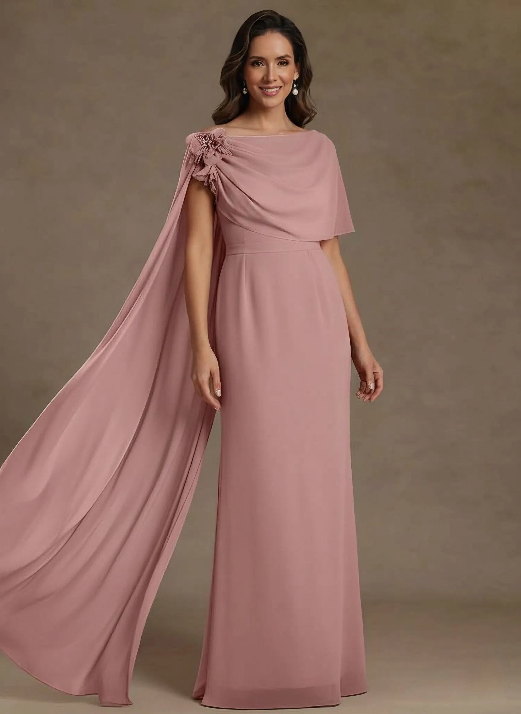 Graceful A-Line Boat-Neck Cape-Sleeve Open-Back Floor-Length Mother of the Bride Dresses