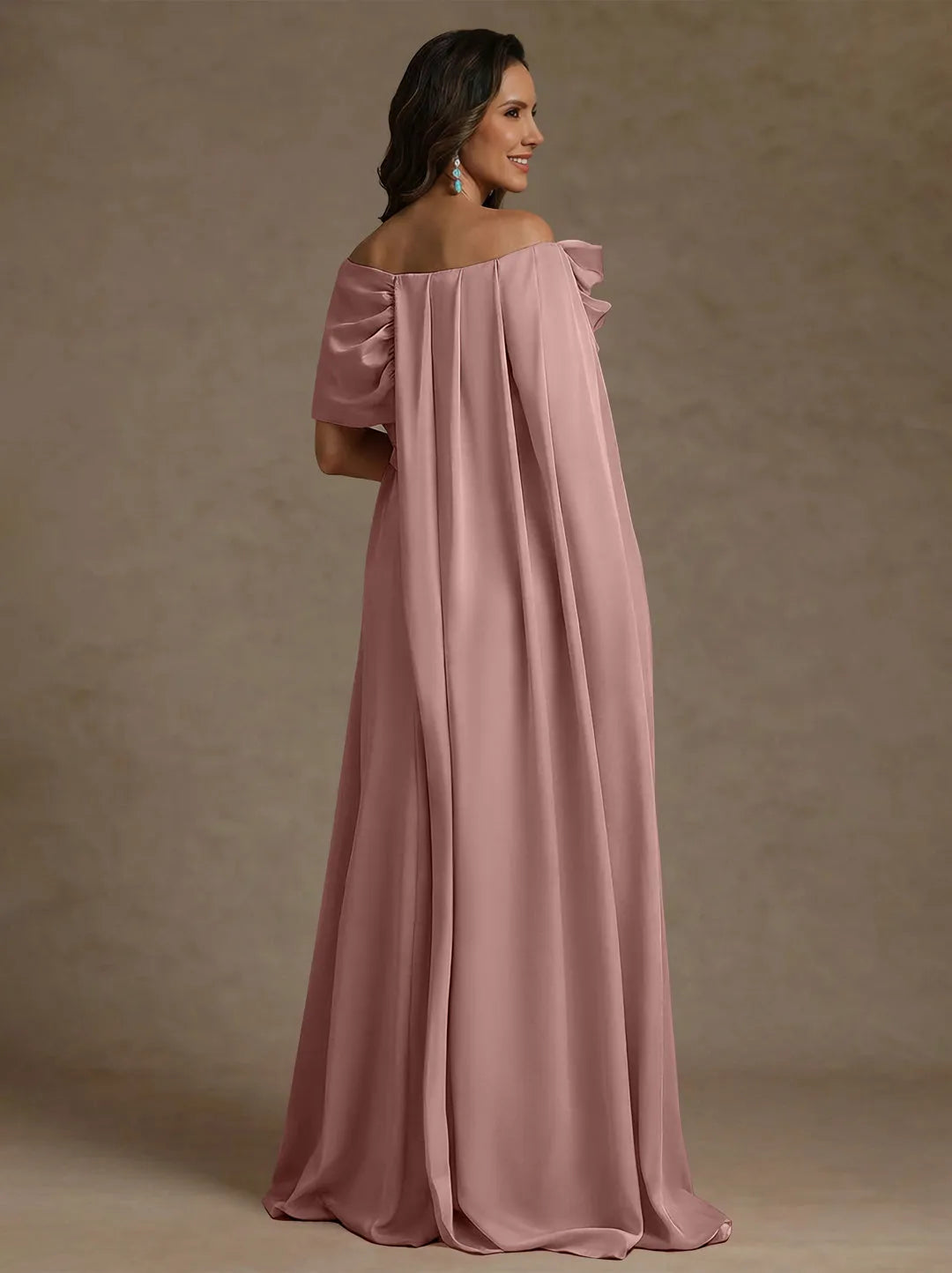 Graceful A-Line Boat-Neck Cape-Sleeve Open-Back Floor-Length Mother of the Bride Dresses