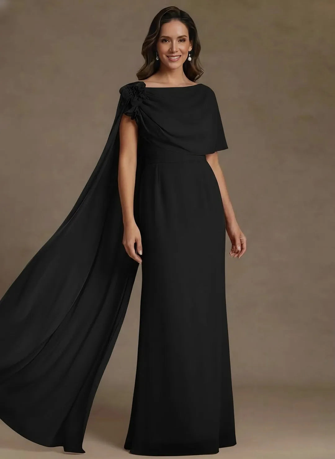 Graceful A-Line Boat-Neck Cape-Sleeve Open-Back Floor-Length Mother of the Bride Dresses