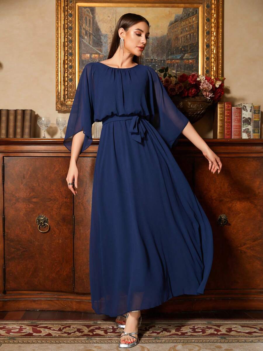Graceful A-Line Boat-Neck Cape-Sleeve Tie-Back Floor-Length Mother of the Bride Dresses