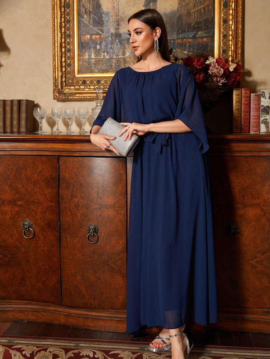 Graceful A-Line Boat-Neck Cape-Sleeve Tie-Back Floor-Length Mother of the Bride Dresses
