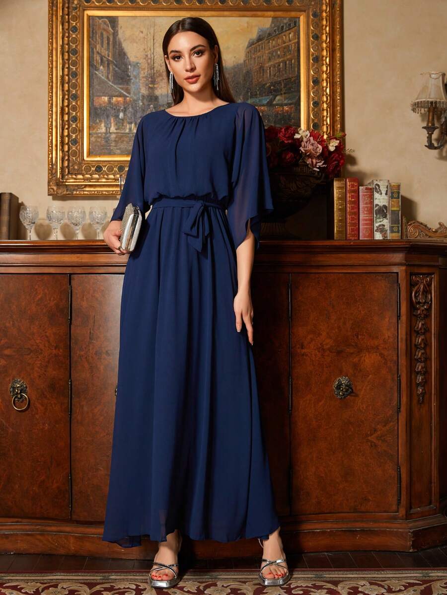 Graceful A-Line Boat-Neck Cape-Sleeve Tie-Back Floor-Length Mother of the Bride Dresses