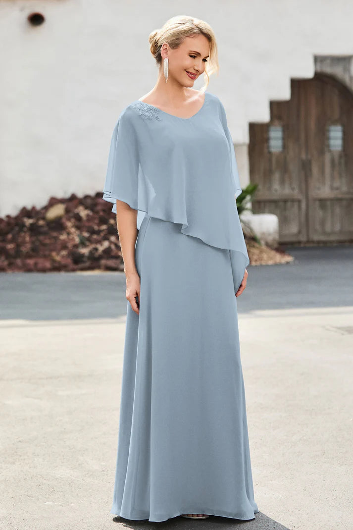 Graceful A-Line V-Neck Cape-Sleeve Zip-Back Floor-Length Mother of the Bride Dresses