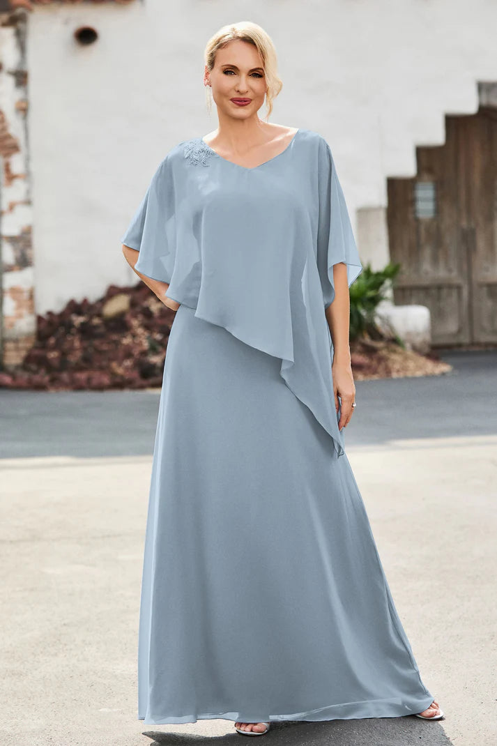 Graceful A-Line V-Neck Cape-Sleeve Zip-Back Floor-Length Mother of the Bride Dresses