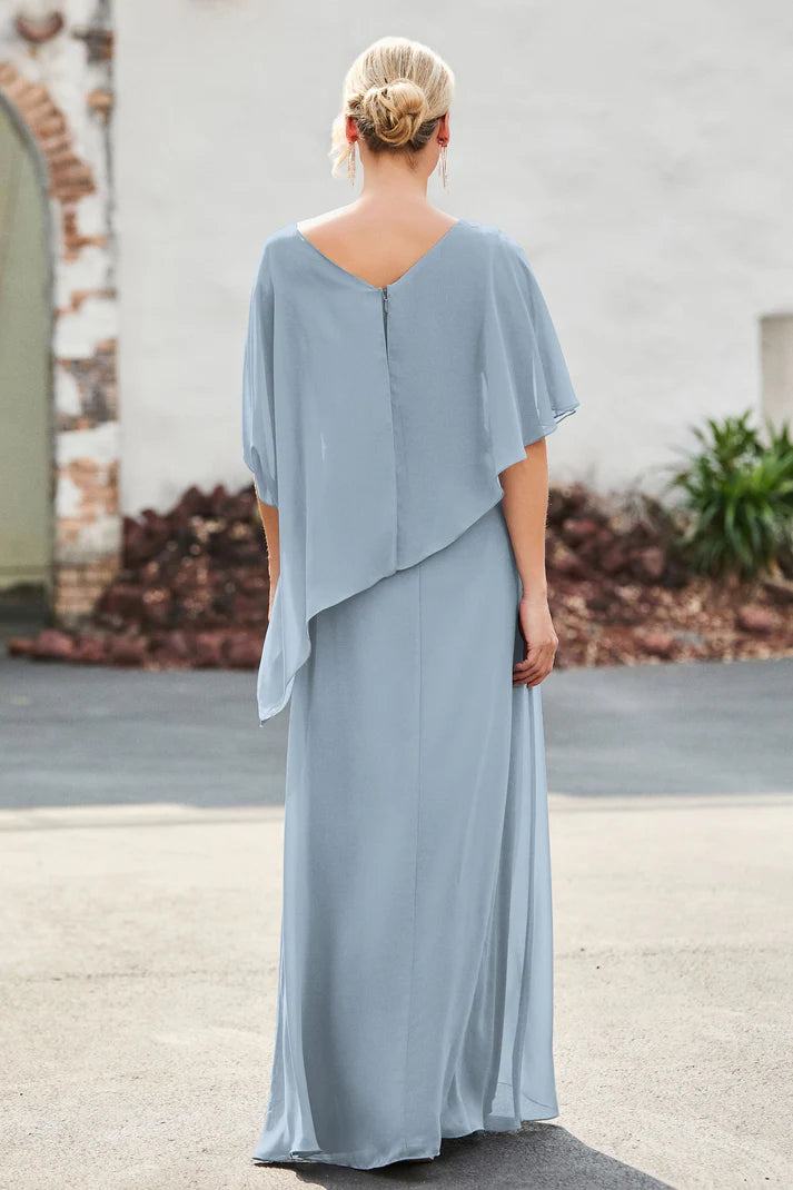 Graceful A-Line V-Neck Cape-Sleeve Zip-Back Floor-Length Mother of the Bride Dresses