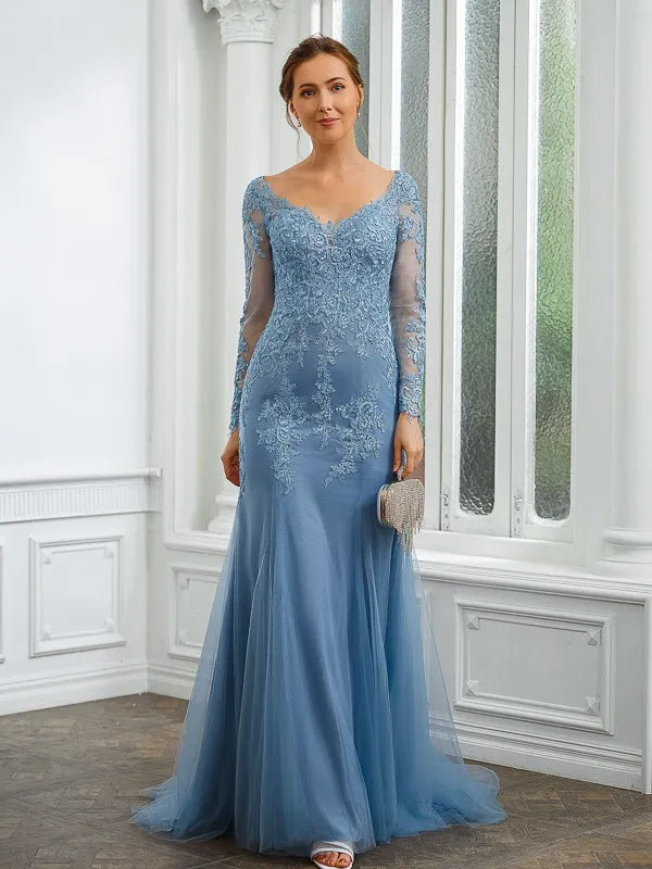 Graceful Mermaid V-Neck Sheer Long Sleeves Open Back Train-Length Mother Of The Bride Dresses