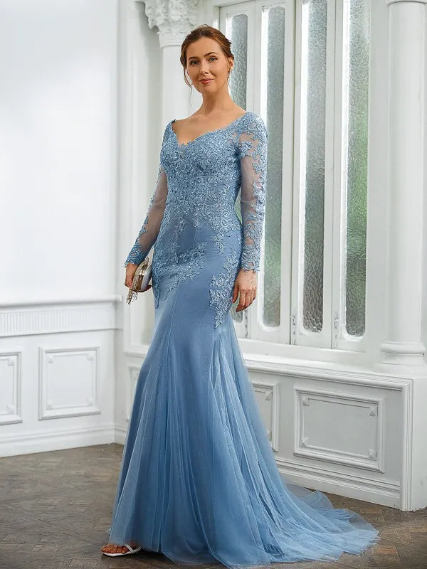 Graceful Mermaid V-Neck Sheer Long Sleeves Open Back Train-Length Mother Of The Bride Dresses
